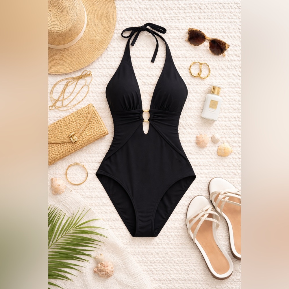 NWT Carmen Marc Valvo Black Plunge One Piece Swimsuit 4 Gold